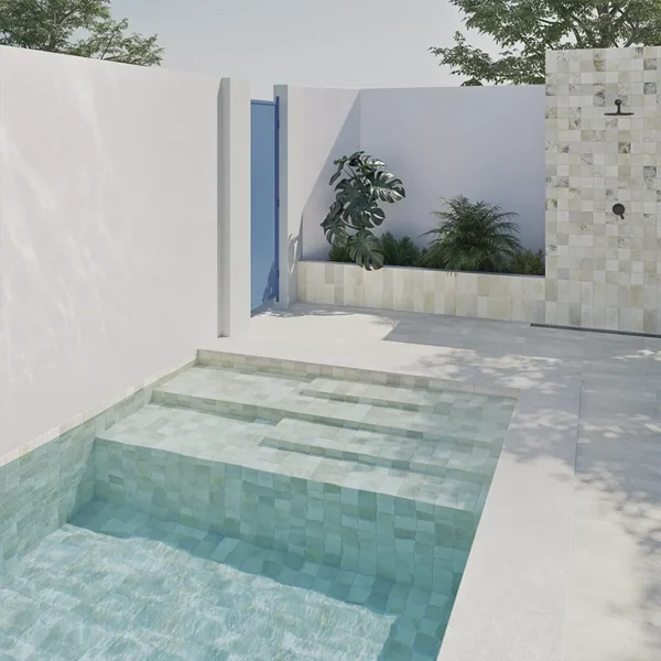 Mosaïques phosphorescentes pour piscine éclairant délicatement les marches la nuit