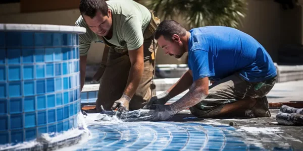Ouvriers appliquant mosaique pour piscine