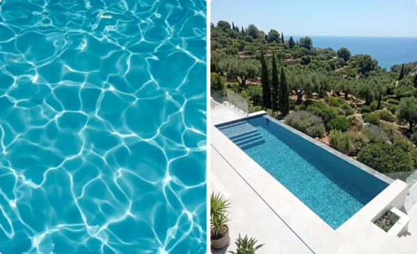 Carrelage effet Bali bleu dans une piscine face à un paysage naturel