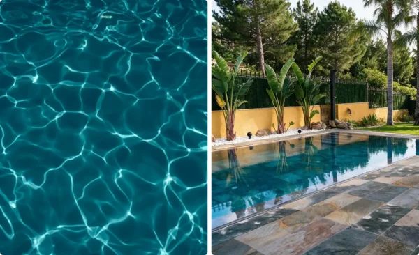 Piscine au rendu sophistiqué et naturel en carrelage Bali noir